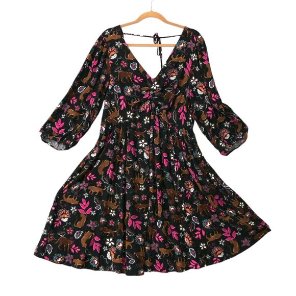 NWT Sz 1 Torrid Rayon Slub Balloon Sleeve Twist Font Black Leopard Leaves Dress - Picture 4 of 12